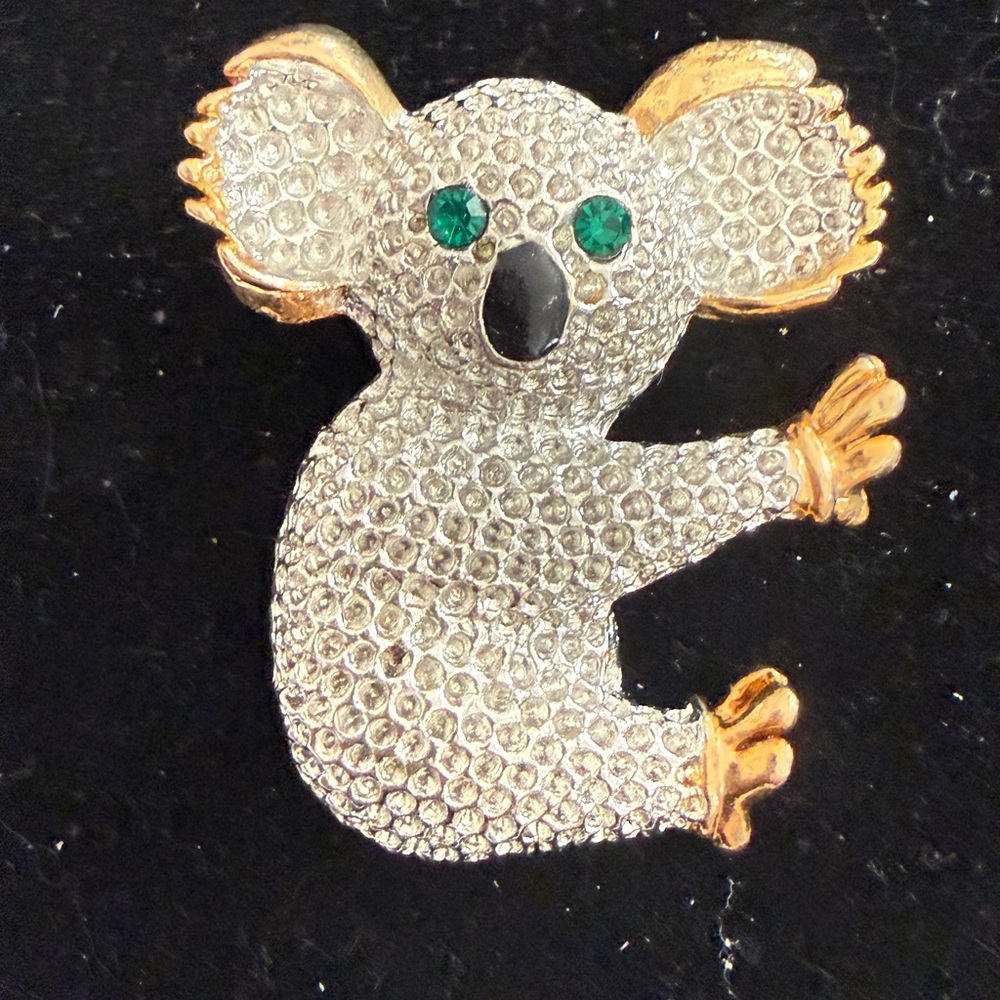 Rhinestone Koala Pin Brooch with Emerald Eyes